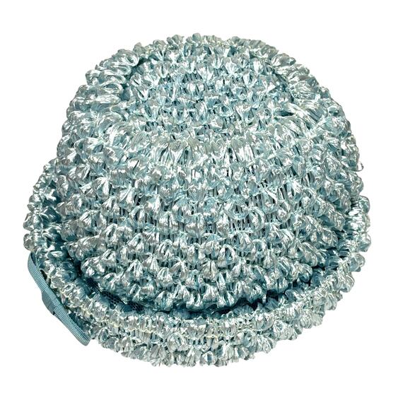 Blue straw hat with bow bowler style upturned rim union label mid century church - Picture 3 of 9